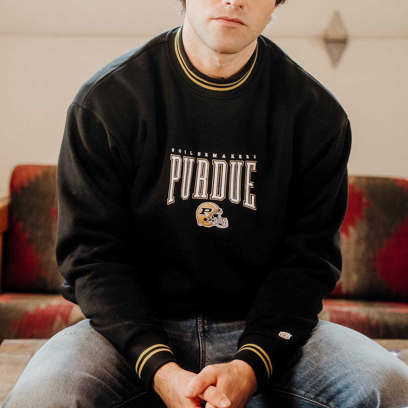 Purdue Football Embroidered Tri-Stripe Crewneck | Homefield